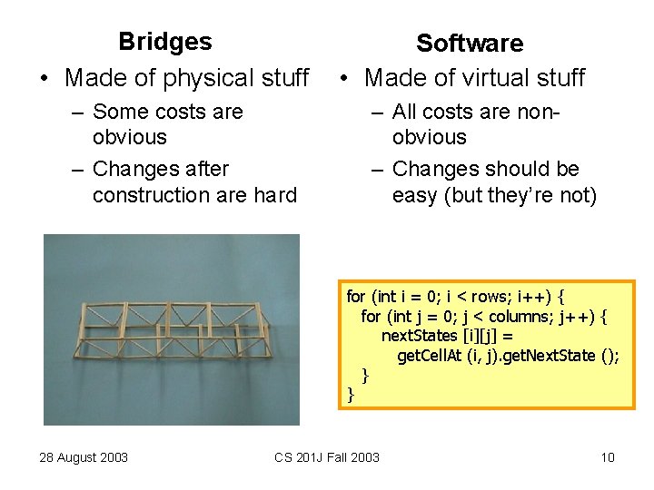 Bridges • Made of physical stuff – Some costs are obvious – Changes after