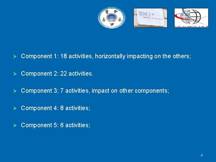 Ø Component 1: 18 activities, horizontally impacting on the others; Ø Component 2: 22