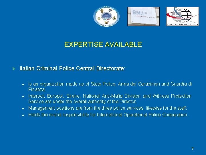 EXPERTISE AVAILABLE Ø Italian Criminal Police Central Directorate: l l is an organization made