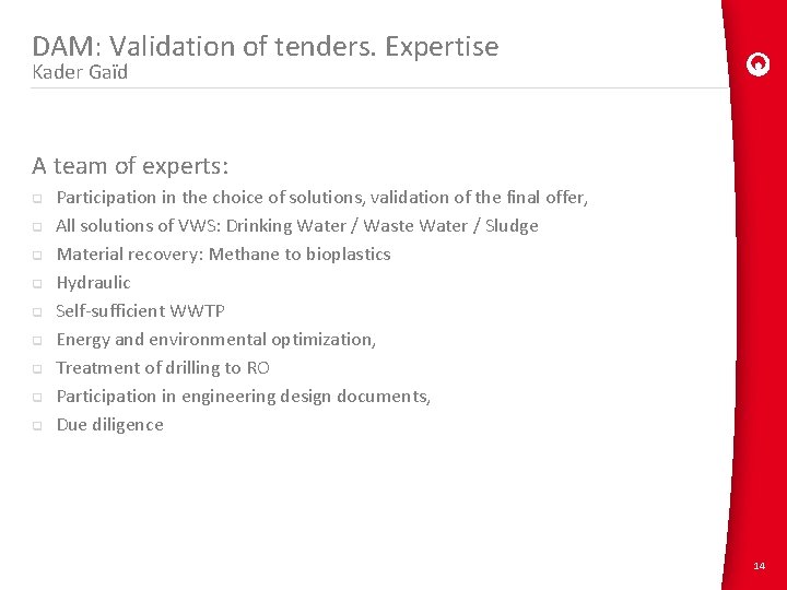 DAM: Validation of tenders. Expertise Kader Gaïd A team of experts: q q q