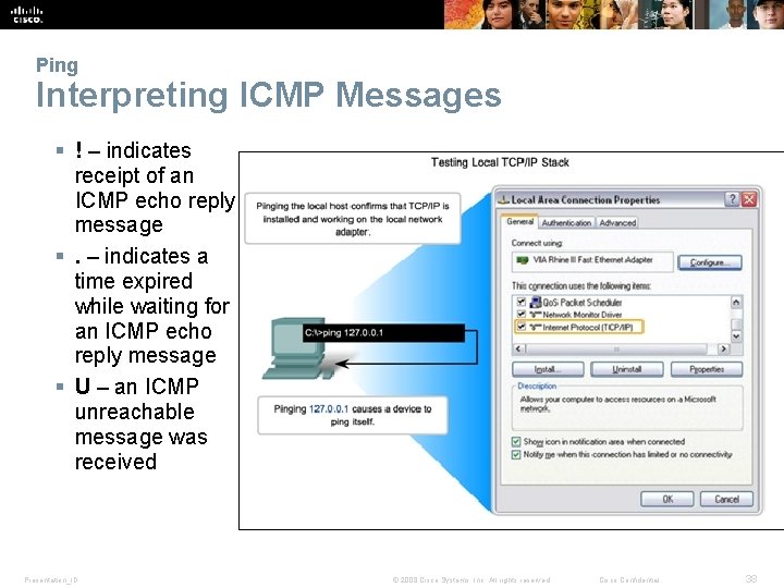Ping Interpreting ICMP Messages § ! – indicates receipt of an ICMP echo reply