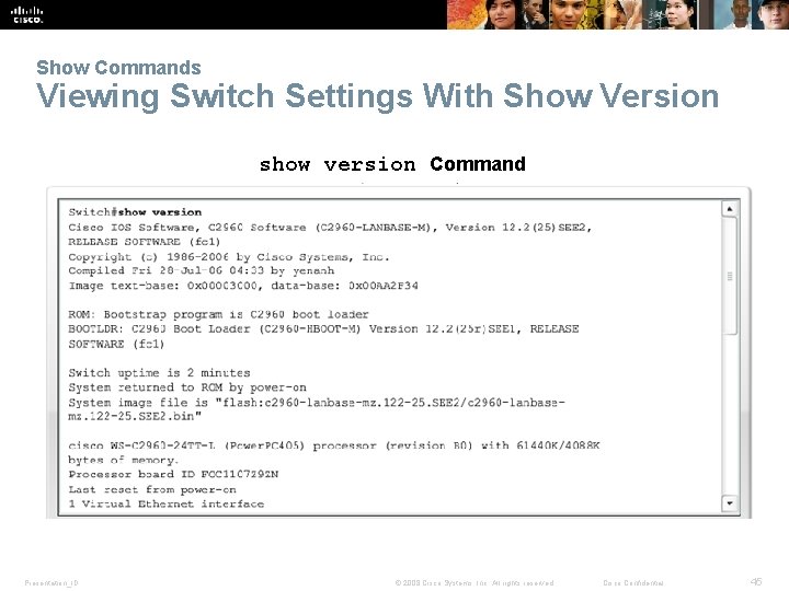 Show Commands Viewing Switch Settings With Show Version show version Command Presentation_ID © 2008