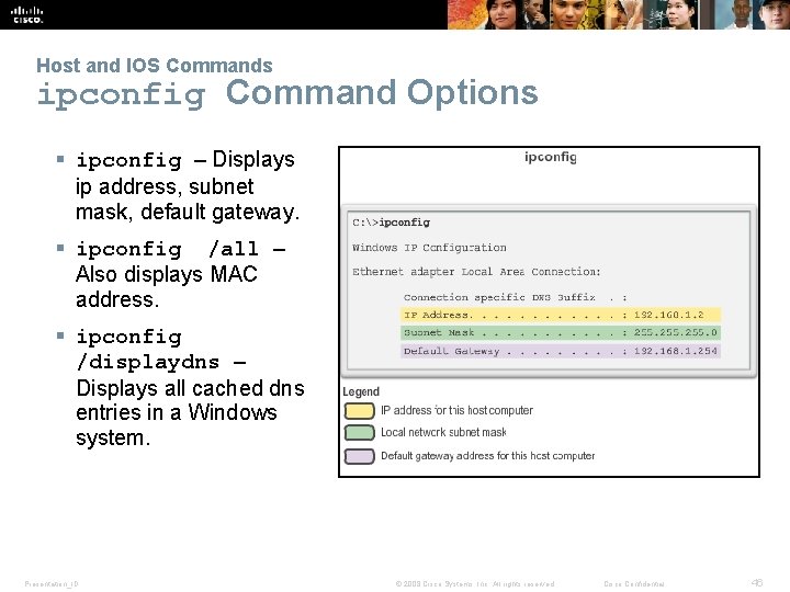 Host and IOS Commands ipconfig Command Options § ipconfig – Displays ip address, subnet