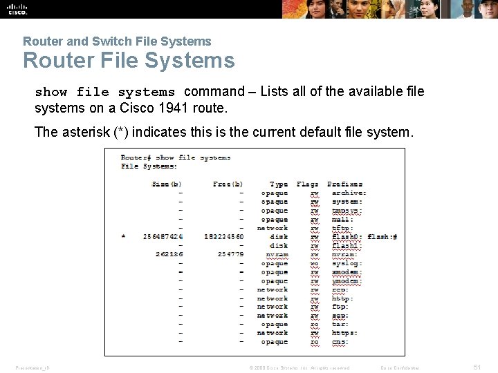 Router and Switch File Systems Router File Systems show file systems command – Lists