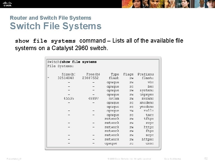 Router and Switch File Systems show file systems command – Lists all of the