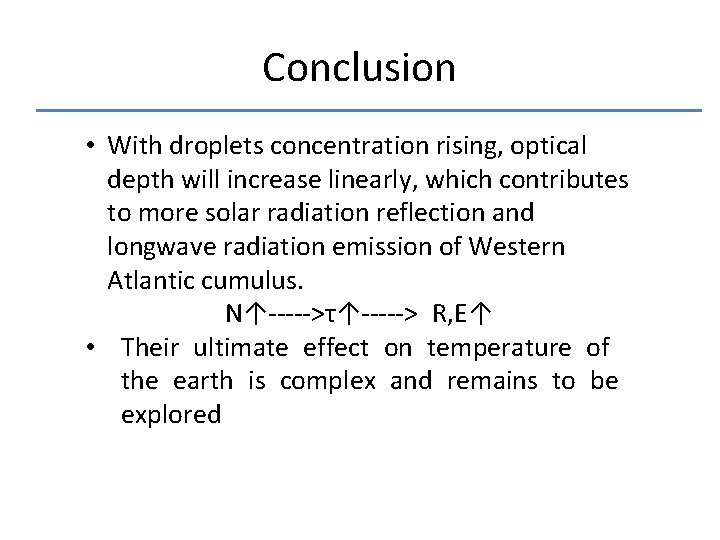 Conclusion • With droplets concentration rising, optical depth will increase linearly, which contributes to