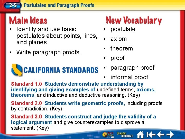  • Identify and use basic • postulates about points, lines, • axiom and