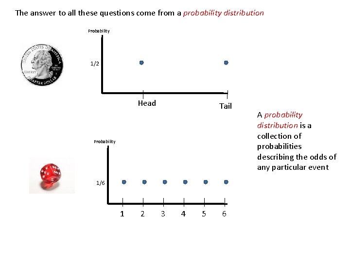 The answer to all these questions come from a probability distribution Probability 1/2 Head