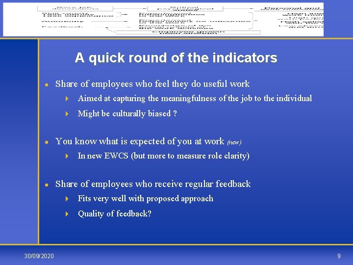 A quick round of the indicators l l Share of employees who feel they
