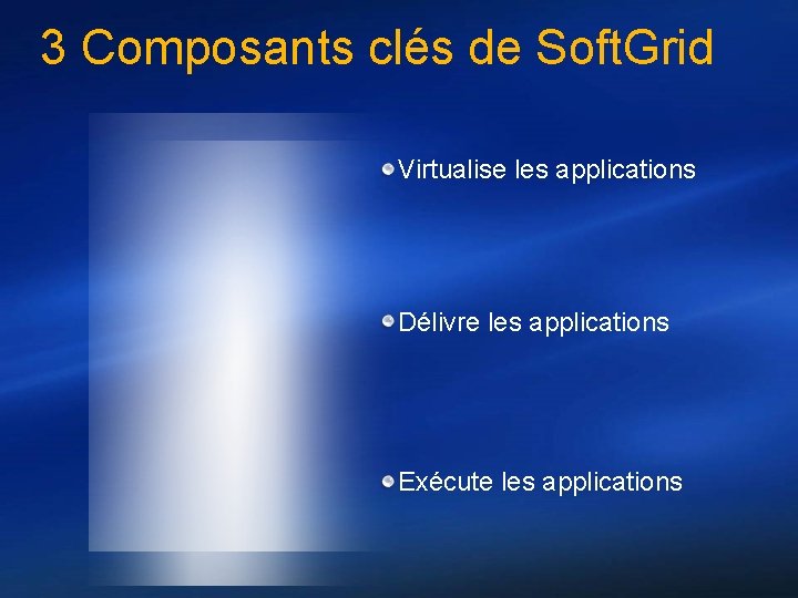 3 Composants clés de Soft. Grid Virtualise les applications Délivre les applications Exécute les