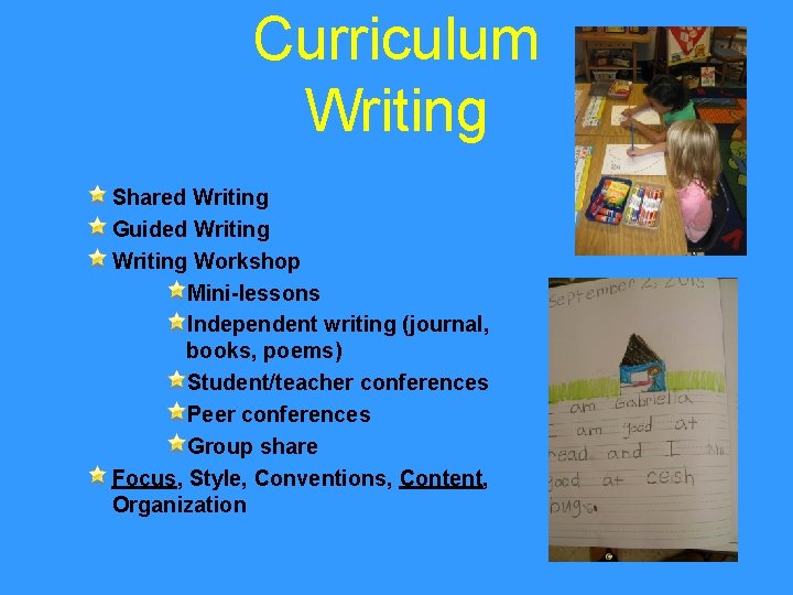 Curriculum Writing Shared Writing Guided Writing Workshop Mini-lessons Independent writing (journal, books, poems) Student/teacher