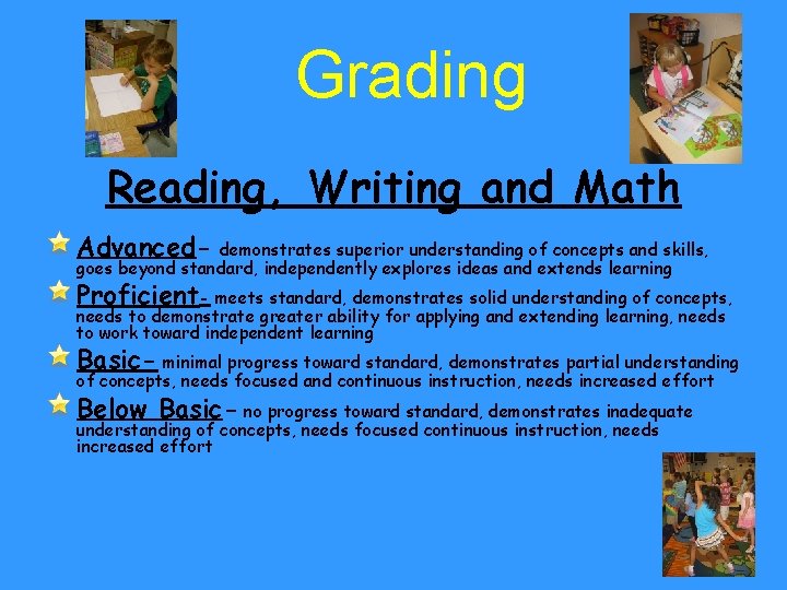 Grading Reading, Writing and Math Advanced- demonstrates superior understanding of concepts and skills, goes