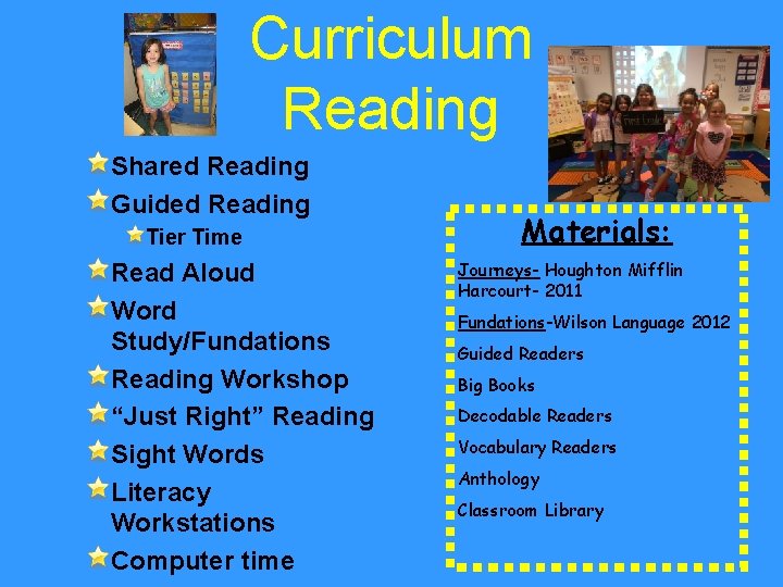 Curriculum Reading Shared Reading Guided Reading Tier Time Read Aloud Word Study/Fundations Reading Workshop