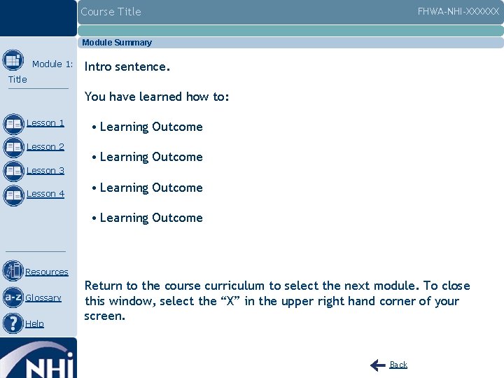 Course Title FHWA-NHI-XXXXXX Module Summary Module 1: Intro sentence. Title You have learned how