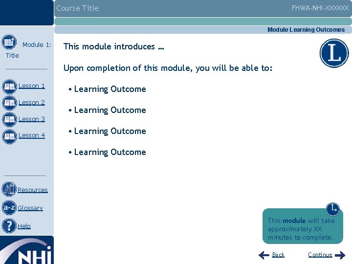 Course Title FHWA-NHI-XXXXXX Module Learning Outcomes Module 1: Title This module introduces … Upon