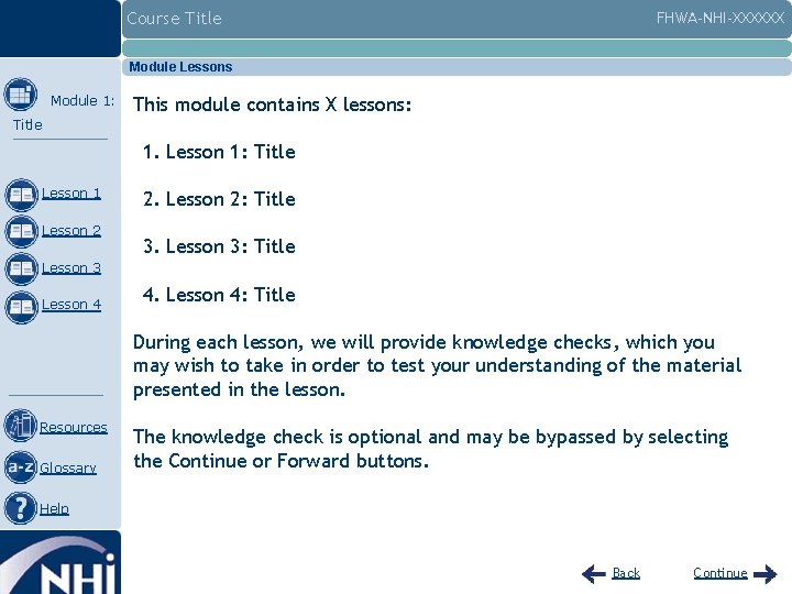 Course Title FHWA-NHI-XXXXXX Module Lessons Module 1: This module contains X lessons: Title 1.