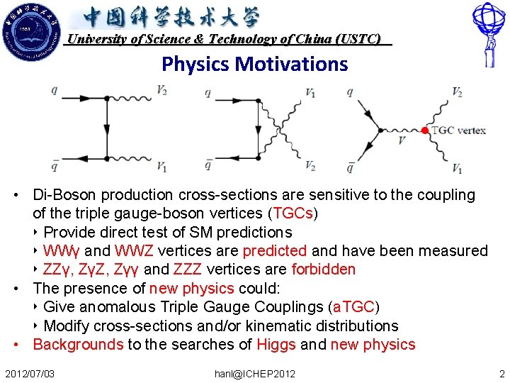University of Science & Technology of China (USTC) Physics Motivations • Di-Boson production cross-sections
