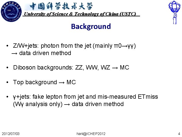 University of Science & Technology of China (USTC) Background • Z/W+jets: photon from the