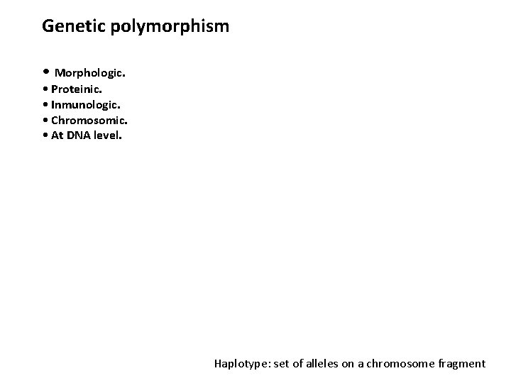 Genetic polymorphism • Morphologic. • Proteinic. • Inmunologic. • Chromosomic. • At DNA level.