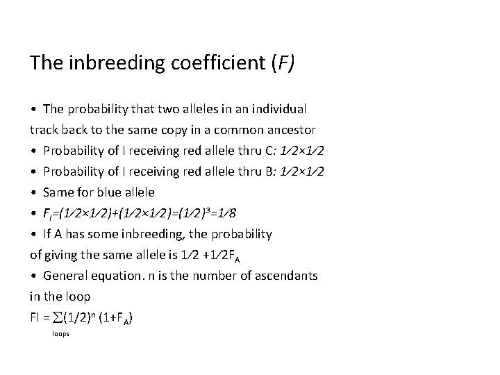 The inbreeding coefficient (F) • The probability that two alleles in an individual track