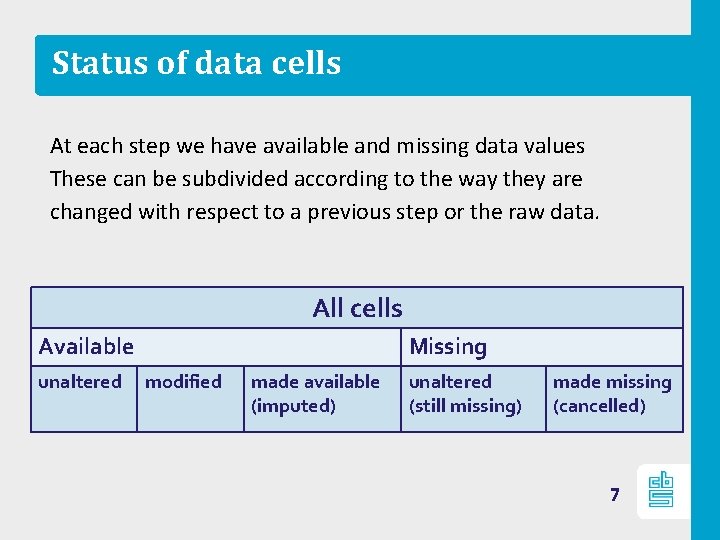 Status of data cells At each step we have available and missing data values