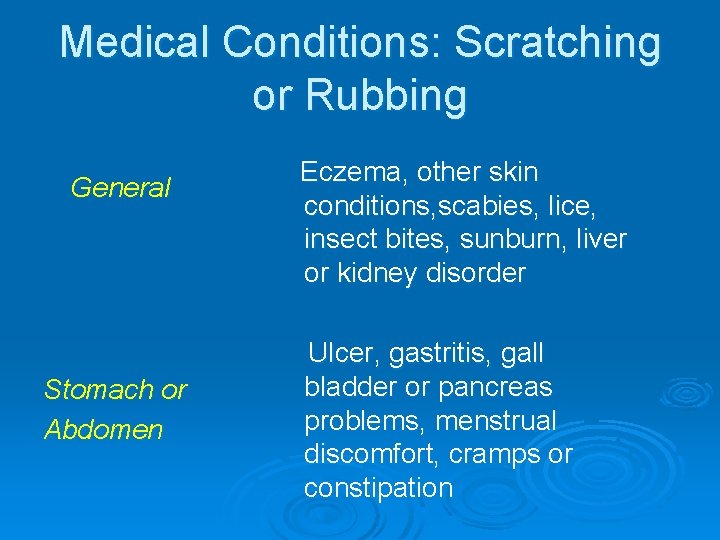 Medical Conditions: Scratching or Rubbing General Stomach or Abdomen Eczema, other skin conditions, scabies,