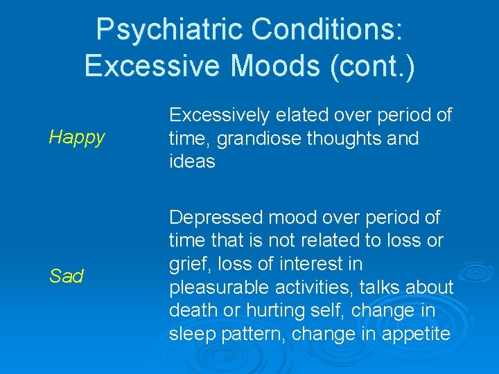 Psychiatric Conditions: Excessive Moods (cont. ) Happy Excessively elated over period of time, grandiose