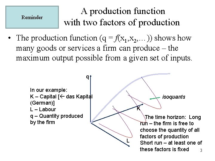 Reminder A production function with two factors of production • The production function (q