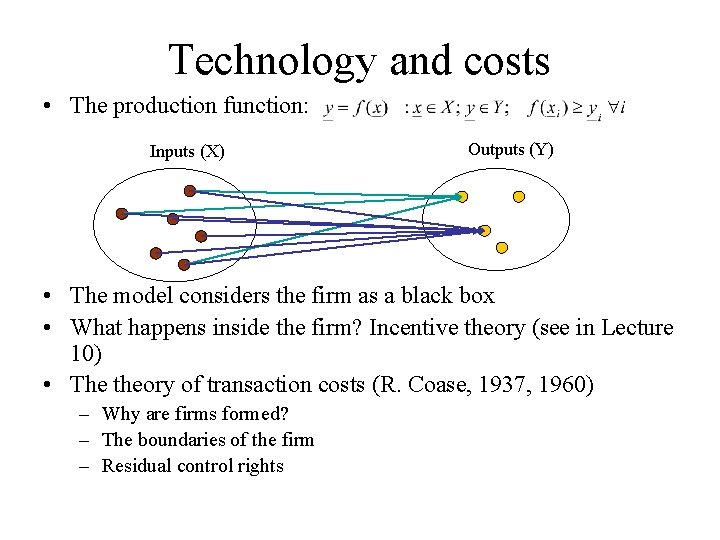 Technology and costs • The production function: Inputs (X) Outputs (Y) • The model