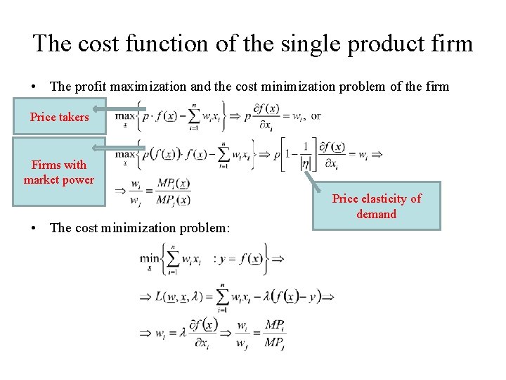 The cost function of the single product firm • The profit maximization and the The cost function of the single product firm • The profit maximization and the