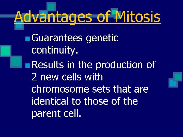 Advantages of Mitosis n Guarantees genetic continuity. n Results in the production of 2