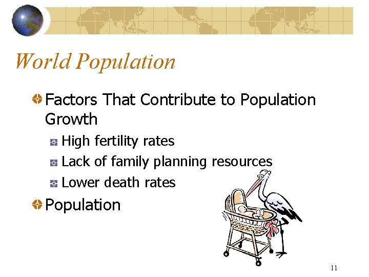 World Population Factors That Contribute to Population Growth High fertility rates Lack of family