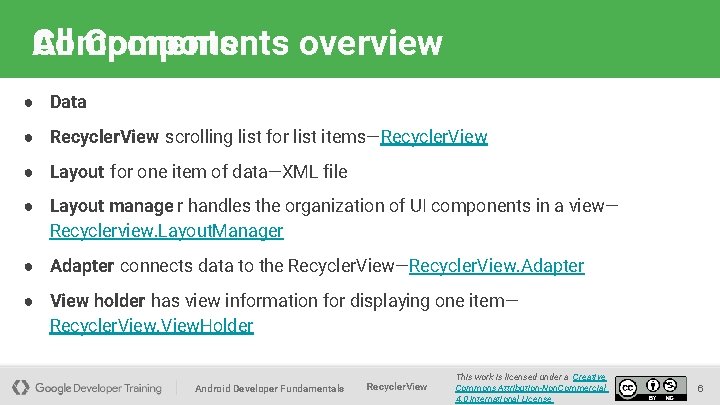 Components All Components overview ● Data ● Recycler. View scrolling list for list items—Recycler.