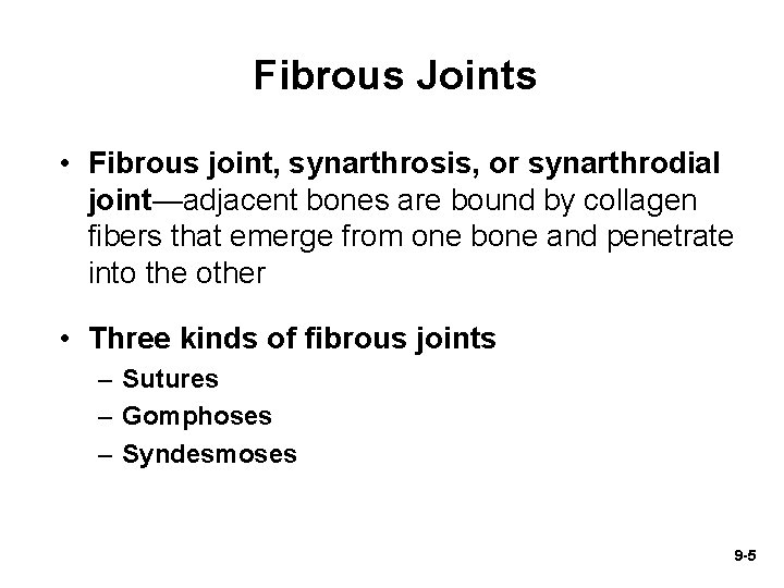 Fibrous Joints • Fibrous joint, synarthrosis, or synarthrodial joint—adjacent bones are bound by collagen