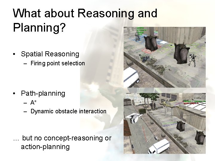 What about Reasoning and Planning? • Spatial Reasoning – Firing point selection • Path-planning