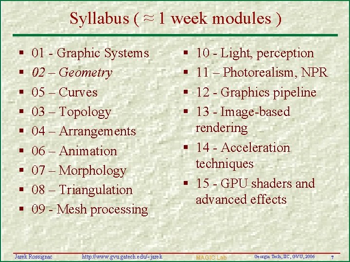 Syllabus ( ≈ 1 week modules ) § § § § § 01 -