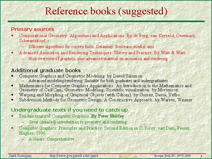 Reference books (suggested) Primary sources § Computational Geometry: Algorithms and Applications. By de Berg,