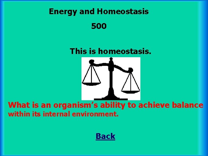 Energy and Homeostasis 500 This is homeostasis. What is an organism’s ability to achieve