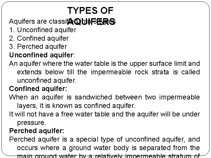 TYPES OF Aquifers are classified into 3 types AQUIFERS 1. Unconfined aquifer 2. Confined