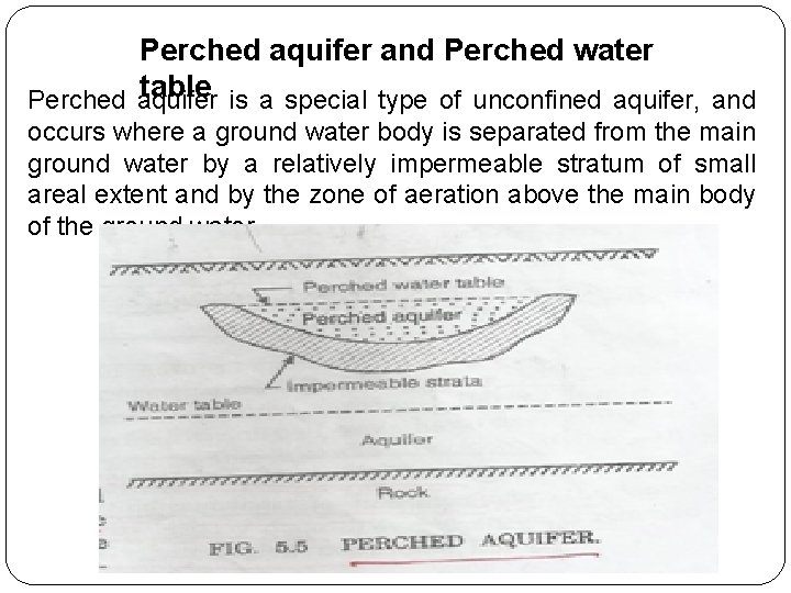 Perched aquifer and Perched water table is a special type of unconfined aquifer, and