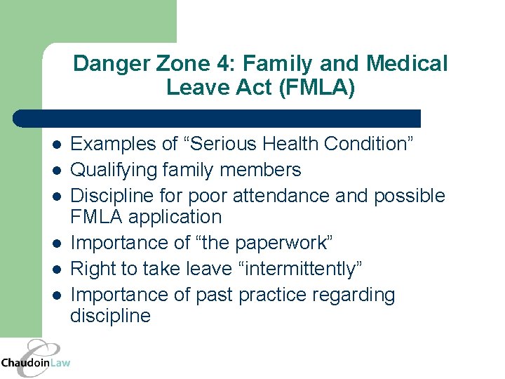 Danger Zone 4: Family and Medical Leave Act (FMLA) l l l Examples of