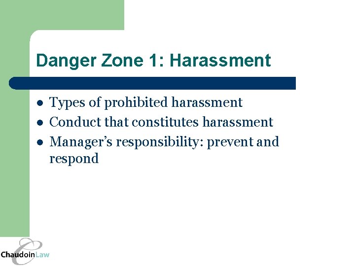 Danger Zone 1: Harassment l l l Types of prohibited harassment Conduct that constitutes