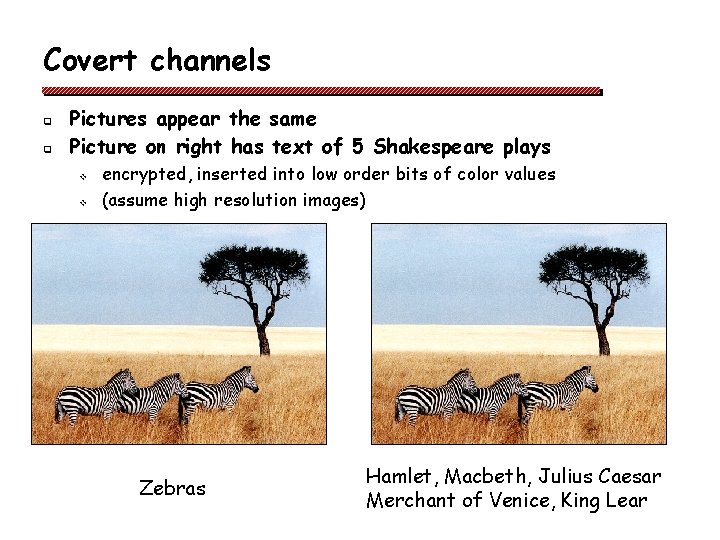 Covert channels q q Pictures appear the same Picture on right has text of