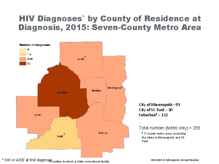 HIV Diagnoses* by County of Residence at Diagnosis, 2015: Seven-County Metro Area ^ ^