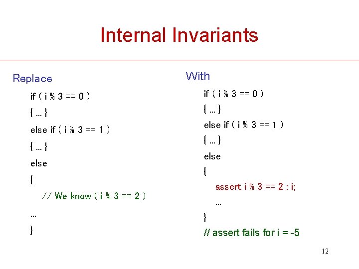 Internal Invariants Replace With if ( i % 3 == 0 ) {. .