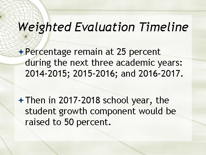 Weighted Evaluation Timeline Percentage remain at 25 percent during the next three academic years: