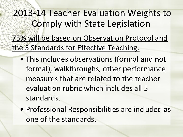  2013 -14 Teacher Evaluation Weights to Comply with State Legislation 75% will be