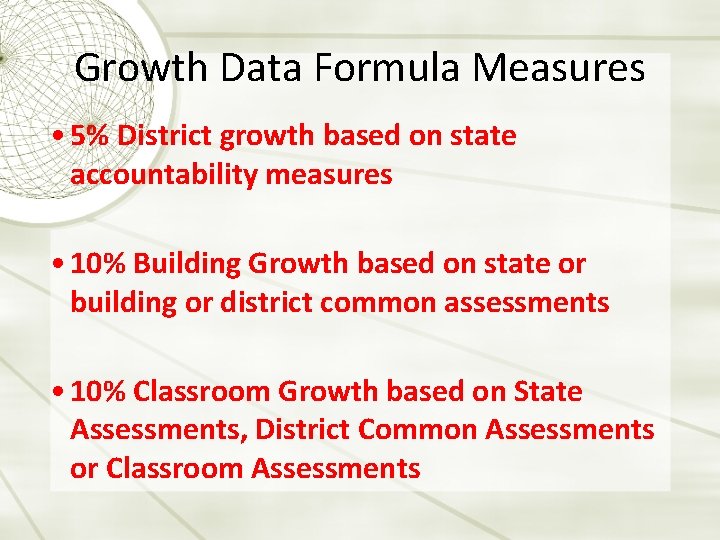 Growth Data Formula Measures • 5% District growth based on state accountability measures •