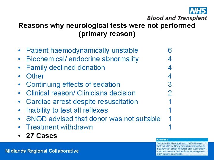 Reasons why neurological tests were not performed (primary reason) • • • Patient haemodynamically