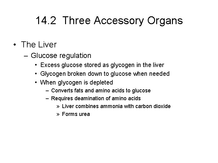 14. 2 Three Accessory Organs • The Liver – Glucose regulation • Excess glucose